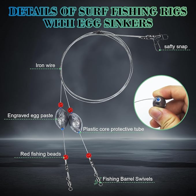 Fishing Egg Sinker with Soft Plastic Core Weight Rigs 5pcs Flounder Rig Saltwater,176.37lb Fishing Wire Leader with Egg Sinker Swivels Snap, Grouper Bottom Fishing Rigs