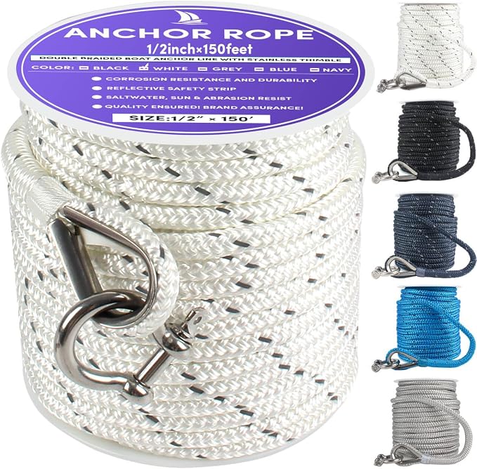 Anchor Rope 150 ft x 1/2 inch White, Double Braided Anchor Line with Stainless Steel Thimble & Shackle, Boat Rope with Reflective Strip Ideal for Towing,Mooring,Anchoring,for Boats Up to 35'
