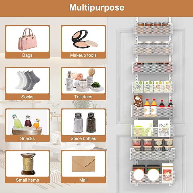Over The Door Organizer, 8-tier Metal Door Organizer Hanging with Adjustable Baskets, Behind The Door Storage for Bedroom Closet Bathroom Pantry Cabinet Kitchen, White