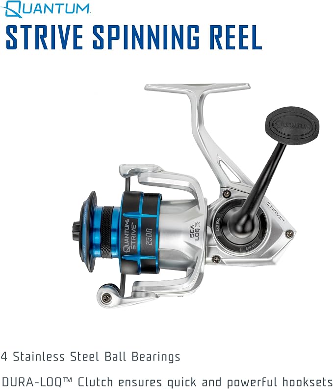 Quantum Strive Spinning Fishing Reel, Rigid Aluminum Frame, Graphite Rotor, Sealed Design, CFX200 Carbon Fiber Xtreme Drag, Silver/Blue