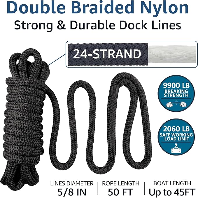 Dock Lines 2 Pack 5/8" x 50' Double Braided Nylon Boat Dock Lines with 16" Eyelet, Marine-Grade Boat Rope, Easy to Use Dock Lines for Boats, Strong Boat Ropes for Docking with Loop, PACTHSD