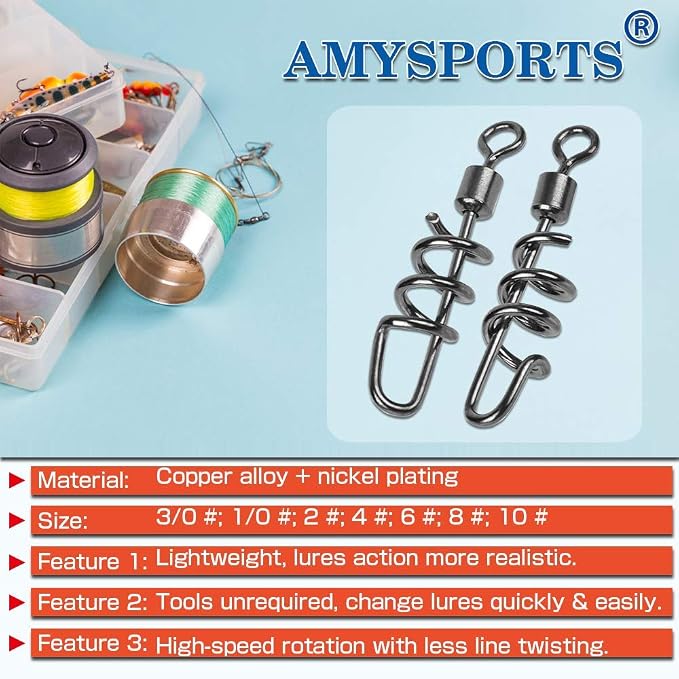 AMYSPORTS Fishing swivels Corkscrew snap swivels Fishing Tackle swivels Saltwater Freshwater Leader Lure jigs line Connector