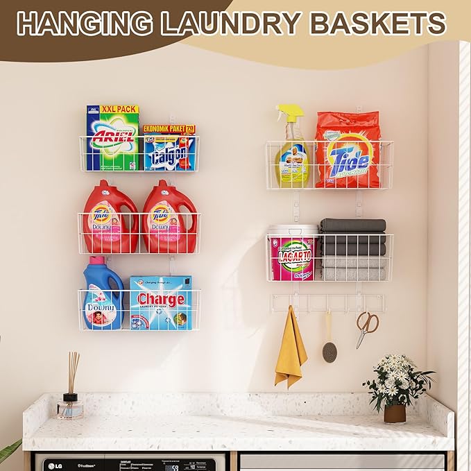 Adjustable Over The Door Organizer, Metal Hanging Door Organizer with 5 Wire Basket 7 Hooks, Wall Mounted Shelf for Pantry Closet Organization and Storage, White