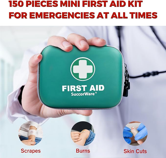 SuccorWare 150 Pieces Mini First Aid Kit - Small Medical Kit with Hard Shell - Emergency First Aid Kit for Car, Travel, Home, Outdoor, Office, Camping, Hiking (Green)