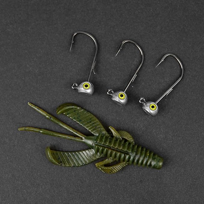 15-Pack Fish Eye Ned Rig Jig Heads with Welded Wire Bait Keeper – 1/16 3/32 1/8 3/16 1/4oz with 2/0 3/0 Hooks, Chartreuse Eyes, Secure Finesse TRD Hookup for Bass Fishing