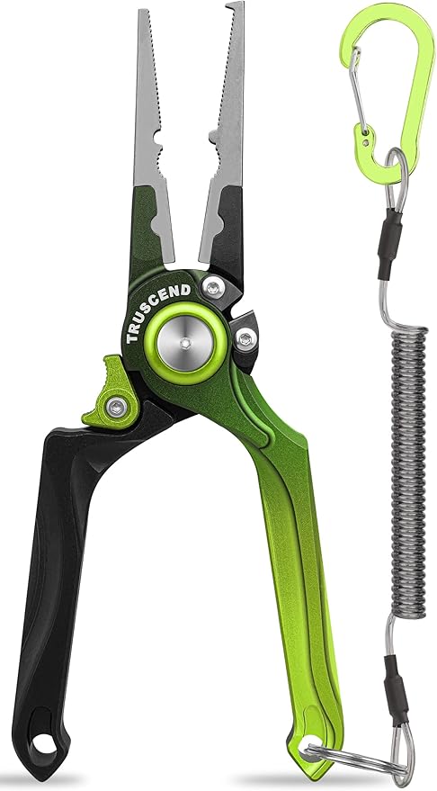 TRUSCEND Easy Use Lockable Fishing Pliers with Tungsten Carbide Cutter, Innovative Ergonomic Handy Handle, Saltwater Corrosion Resistant Teflon Coated Fishing Tool, Light Multi-Function Fishing Gear