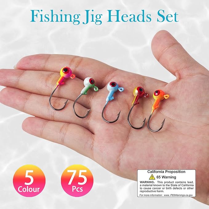 Crappie Jig Heads Kit, 75 Pieces Fishing Jig Head Hooks for Fishing Crappie Bass Trout Walleye 1/8oz 1/16oz 1/32oz