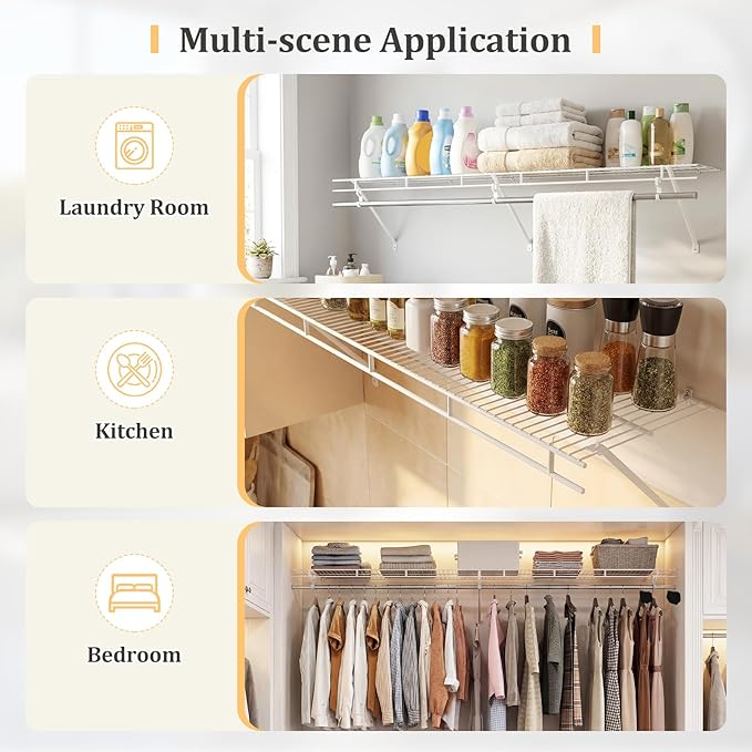Giantex Closet Shelf with Hanging Rod, 6 ft Wall Mounted Wire Shelving Kit with Storage Shelf & Clothes Rod, Ventilated Metal Wall Shelf Organizer for Laundry Room, Closet, Bedroom, White