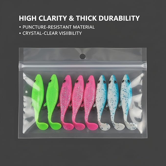 100 Pack Soft Plastic Baits Bags 7.5"x5.5" | Heavy-Duty Clear Lock Zipper Lure Packaging Bags - Leakproof Double-Sealed Zipper Storage for Soft Plastic Lures & Fishing Gear | Multiple Sizes