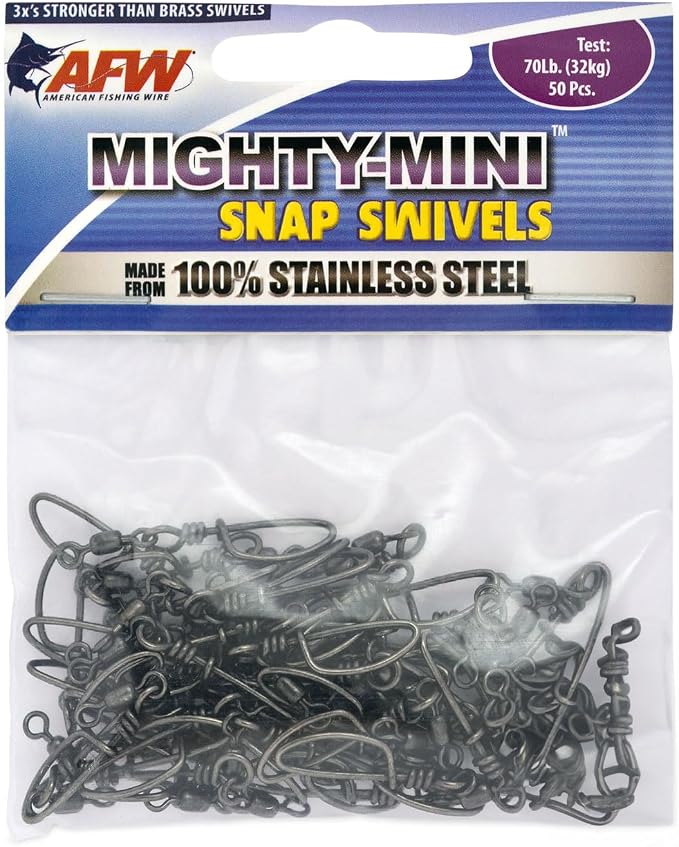 American Fishing Wire Fishing Swivels - Mighty Mini 100% Stainless Steel Snap Crane Swivels, 3X Stronger Than Brass, For Terminal Tackle Box, Up to 600lb Test - Fishing Gear for Fishing Line Leaders