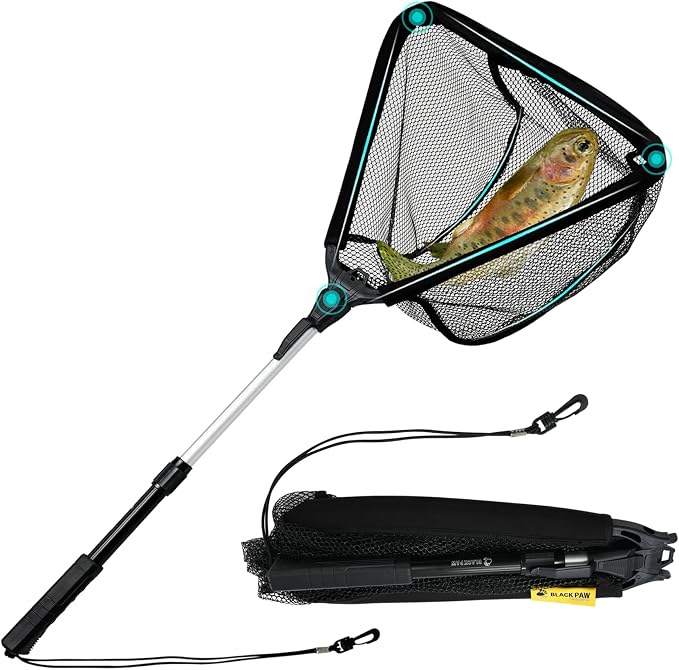 Black Paw Floating Fishing Net Foldable Telescopic Fish Landing Net with Built in Length Scale Rubber Coated for Kayak, Fly, Trout