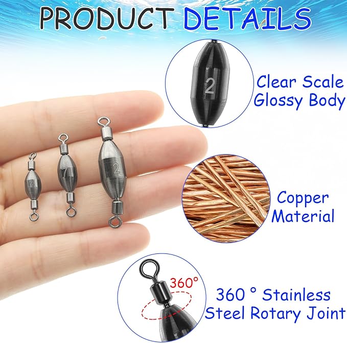 15Pcs Fishing Weights Swivel Bullet Sinkers Brass Fishing Weights Saltwater Freshwater Bass Sinker Fishing Weights with Swivel Rolling