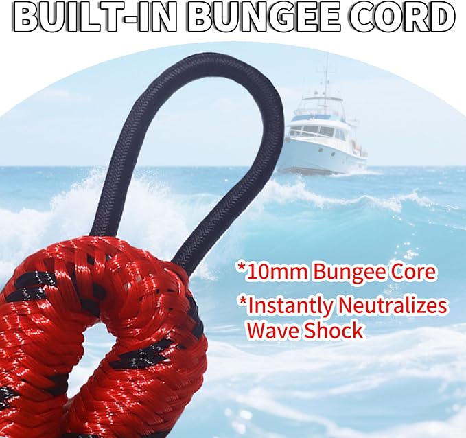 2-Pack Bungee Dock Lines for Boats with Loops, Boat Tie Downs for Docking, Adjustable Boat Mooring Rope for Pontoon, Jon Boat & PWC (Red & Black, 4 FT)