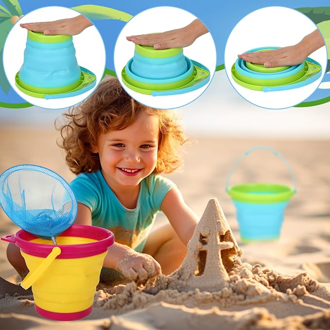 2 Pack Telescopic Kids Fishing Net with Handle, 2 Collapsible Bucket Sand Pail, Stainless Steel Foldable Fishing Net Small Fishing Butterfly Bug Net Beach Shovel with Storage Bag
