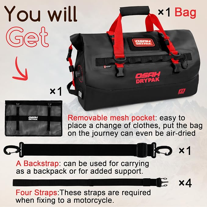 OSAH DRYPAK Waterproof Duffel Bag 25L/40L/60L – Heavy-Duty Motorcycle Tail Bag, Roll-Top Dry Bag for Travel, Camping, Boating, Kayaking, Outdoor Adventure