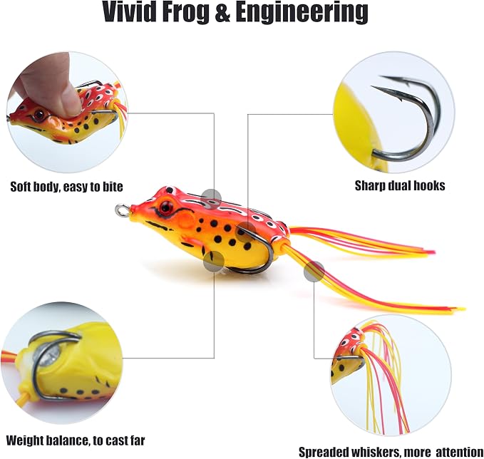 EXAURAFELIS 5pcs Fishing Lures Frogs Lure Frog Baits Ray Frog Topwater luresFishing baits for Basslure Pike Snakehead Musky Weedless Freshwater Soft Lure with Tackle Box