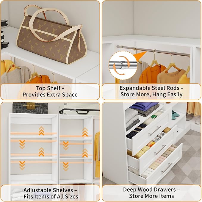 Closet System with 4 Sets, 8.5FT-21.5FT Corner Closet Organizer System with 9 Drawers & 12 Shelves & 8 Hanging Rods, L-Shaped Modular Closet System adjustable for Freestanding or Walk-in Closet, White
