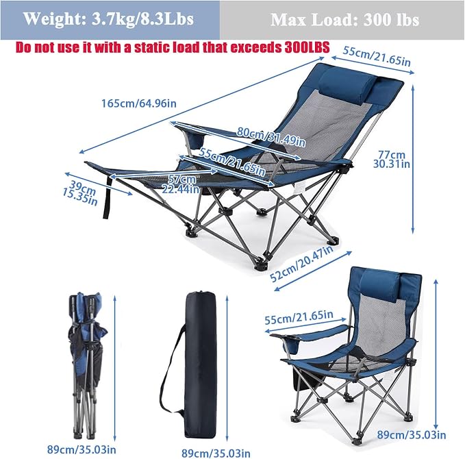 Zero Gravity Chair Reclining Folding Chair with Removable Footrest and Pillow & Cup Holder, Adjustable Outdoor Oxford Fabric Lounge Recliner for Camping, Beach, Garden, Patio, Blue Mesh