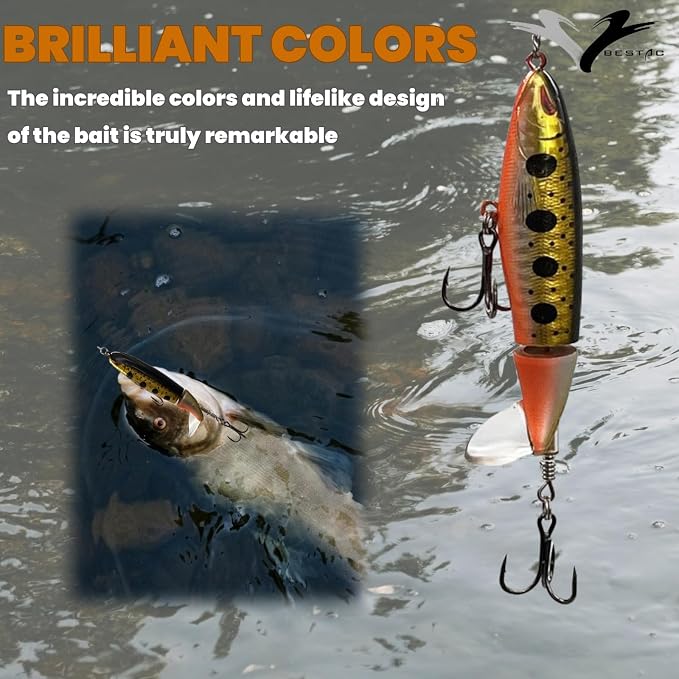 Bestac Topwater Fishing Lures Set Popper Lures for Bass Catfish Pike Perch Bass Lures with Floating Rotating Tail Artificial Hard Bait Multiple Colors