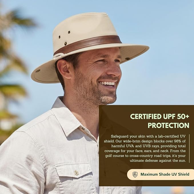 TOP-EX Cotton Aussie Outback Safari Hat, UPF 50+ Sun Hat Wide Brim with Chin Strap, Breathable Packable Bush Hat Men Women