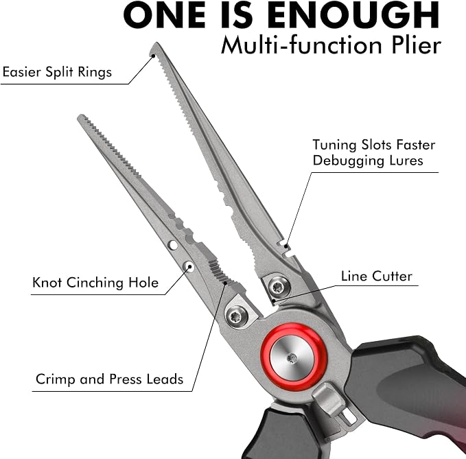 TRUSCEND Easy Use Lockable Fishing Pliers with Tungsten Carbide Cutter, Innovative Ergonomic Handy Handle, Saltwater Corrosion Resistant Teflon Coated Fishing Tool, Light Multi-Function Fishing Gear