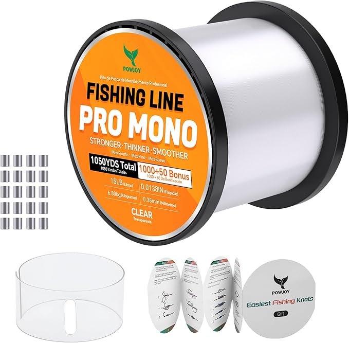 Pro Monofilament Fishing Line with Knot Instruction Cards for Multi Purpose Cost Effective, Strong Yet Thin Nylon String for Big Fishes, Tangle-Free & UV Resistant, 15/20/30/50/80LB