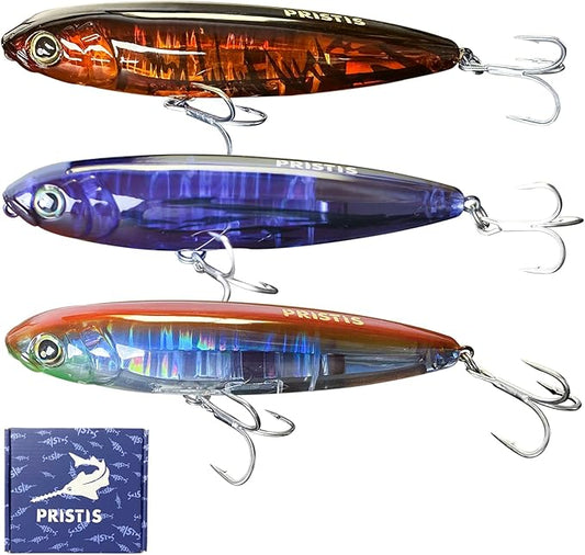 Pristis 3 pcs Topwater Fishing Plopper Lures, Floating Popper Bait Set with Chemically Sharpened Hooks for Saltwater Freshwater, Top Water Plopping Swimbait Teaser for Bass Tuna Perch Pike Crappie