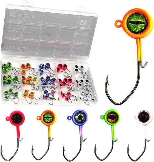 60Pcs Big Eye Crappie Jig Heads Kit, Bright Color Panfish Fishing Jig Heads Hook with Wired Bait Keeper Swimbait Jighead for Crappie Walleye 3 Sizes 1/32oz 1/16oz 1/8oz