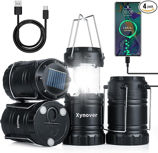 4-Pack Solar Camping Lanterns,Rechargeable LED with USB/Solar/AA Battery,Magnetic Base,Hanging Hook,Collapsible, Waterproof for Emergency, Hiking,Hurricane,Campsites,Lanterns for Power Outages