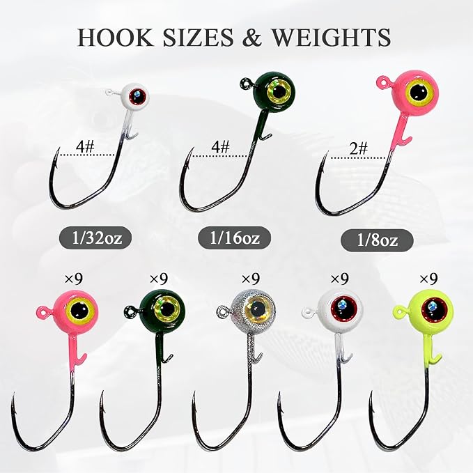 Crappie Jig Heads Kit, 45/50-Pack, 1/32oz, 1/16oz, 1/8oz, 5 Colors Fishing Jigs for Bass, Walleye, Panfish Freshwater Fishing