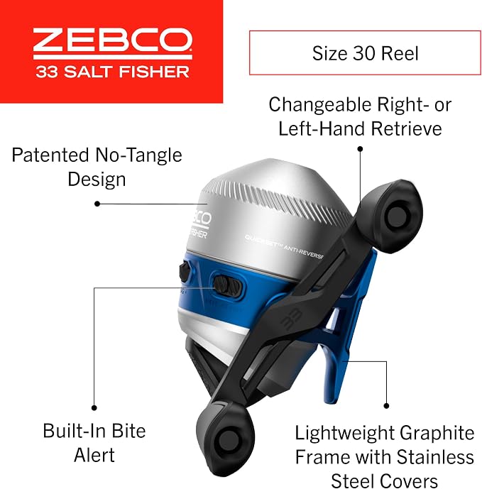Zebco Salt Fisher 33 Spincast Reel and Fishing Rod Combo, 6-Foot 6-Inch 2-Piece Medium-Heavy Power, Moderate-Fast Action Fiberglass Rod, Interchangeable Retrieve, 12-Pound Line, Blue/Silver