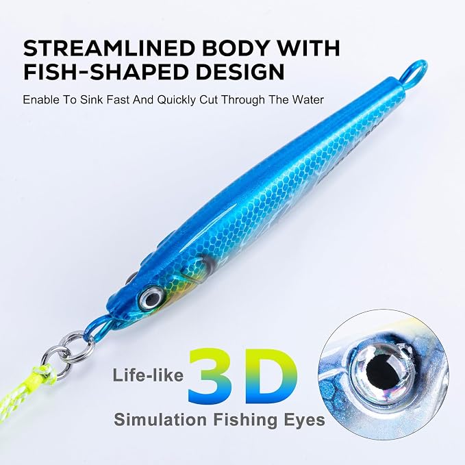 Goture Fishing Jigs Saltwater, 60g/80g/100g/150g Vertical Jigging Lures with Double Assist Hooks, Speed Fast Fall Jig Deep Sea Fishing Jigging Spoon Lures for Tuna,Salmon,Grouper Snapper, Kingfish