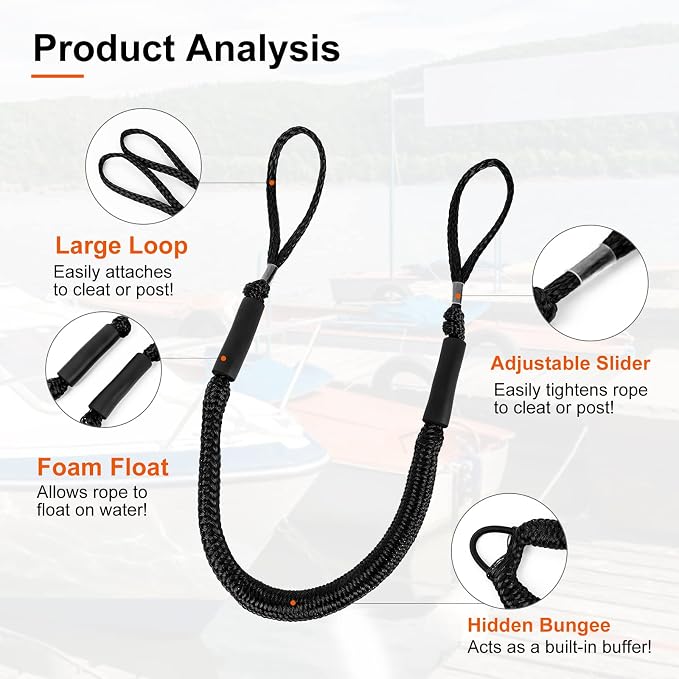 Bungee Dock Lines - Boat Accessories - 4 Feet Shock Cords Docking Rope Mooring Rope for PWC,Jet ski,Pontoon,Kayak,Canoe,Power Boat,Watercraft (Black)