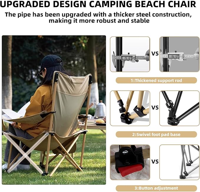 Reclining Camping Chair with Footrest, 4-Position Adjustable Back Folding Lounge Chair for Adult | Heavy-Duty Beach Chairs with Cup Holder & Carry Bag for Beach, Camping, Backyard, Fishing