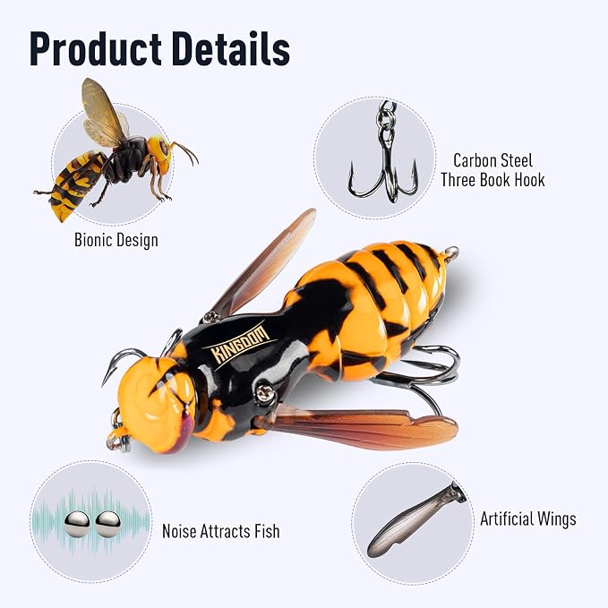 Kingdom Wasp Craw Bait Insect Bionic Floating Fishing Lures Swimbaits Hard Artificial Baits Lure for Freshwater and Saltwater Bass Carp Pike Walleye Fishing ABS Material Carbon Steel Three Book Hook
