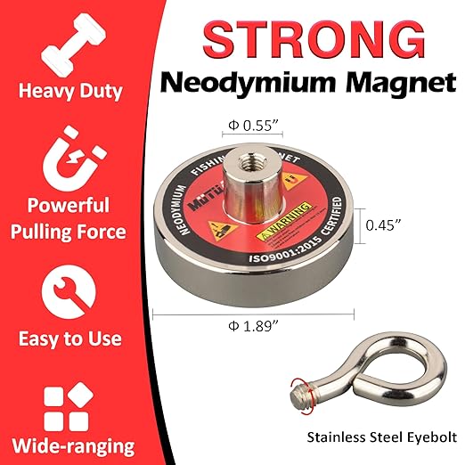 MUTUACTOR Super Strong Fishing Magnet,1.89” Neodymium Rare Earth Magnet Heavy Duty,300lbs Pulling Force Round Magnets with Lifting Eyebolt Hooks for Salvage,Recovery and Retrieval