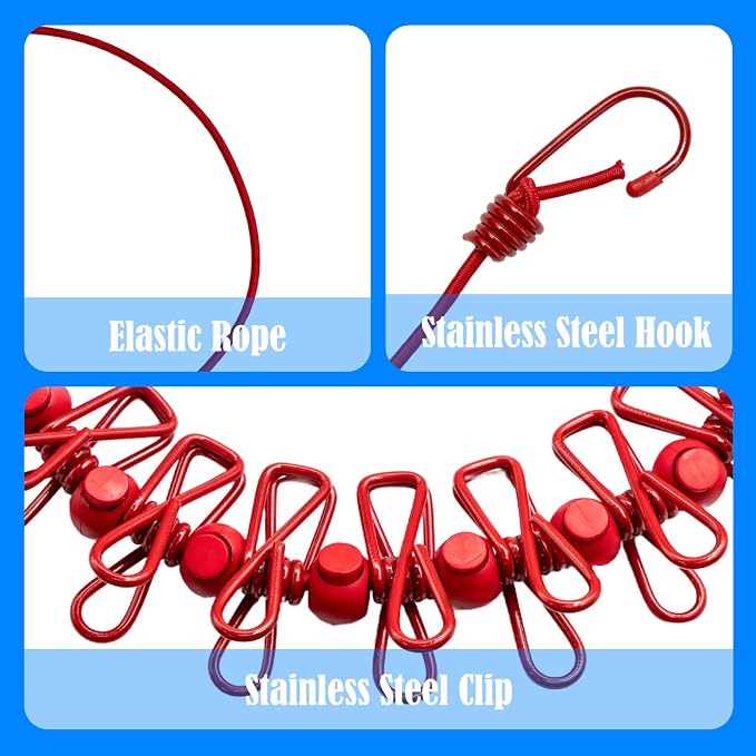 2 Pack Camping Clothesline Portable 12 Clothespins, Red Camping Accessories Travel Clothesline for Outdoor Indoor, Retractable Clothes Line Elastic Clothesline for Camper Hotel Room