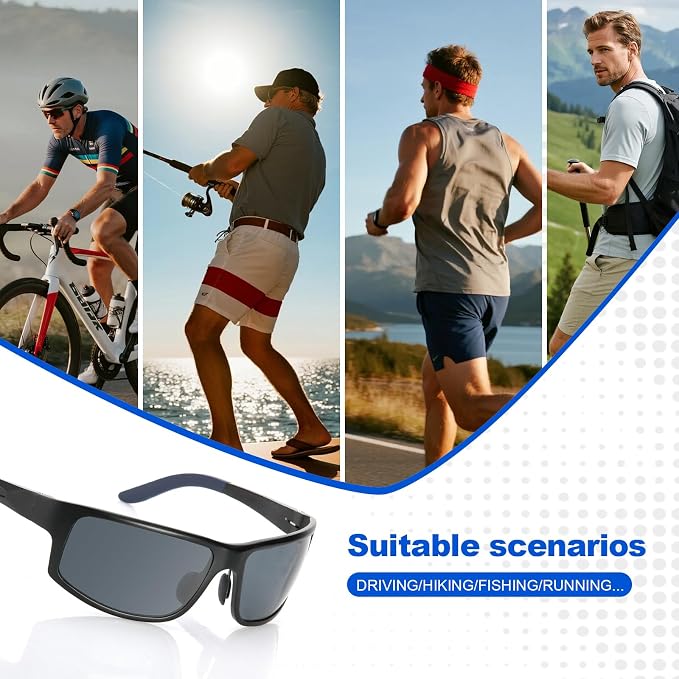 Unbreakable Polarized Sports Sunglasses for Men, Scratch/Seawater-Proof/Oleophobic Coating Lens, Aluminum Frame Sun Glasses