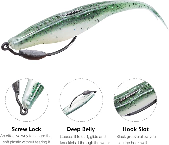 Fishing Bait Soft Plastic Lures 30/50 Pcs, Weighted Hooks 10 Pack & 40-Piece Set, 4in/5in Salty Split Tail Jerk Shad, 3/0 4/0 5/0 Weedless Swimbait Hook for Bass Fishing