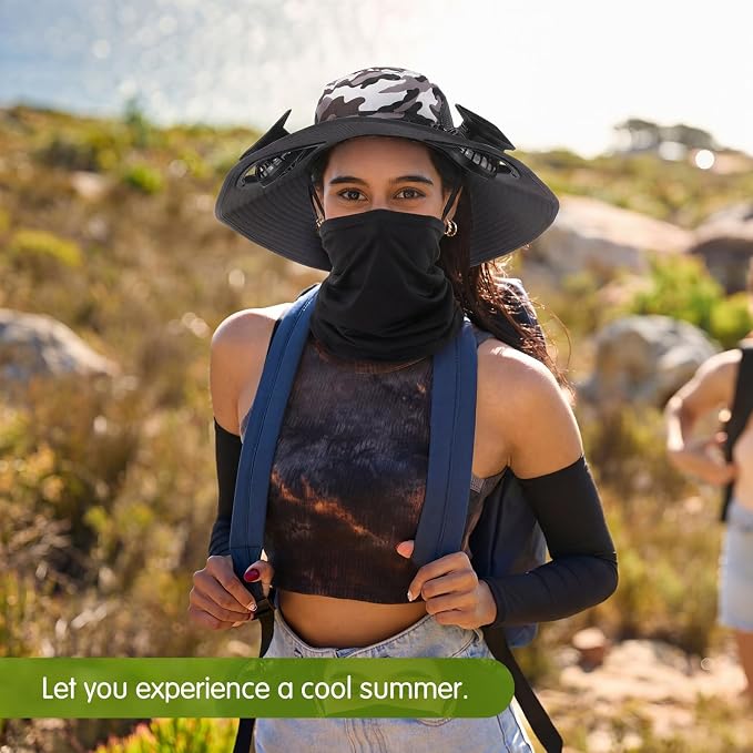 Syhood Solar Powered Fan Hat Neck Gaiter Arm Sleeves Sun Bucket Hat with Fan Cooling Wide Brim Hats for Fishing Hiking