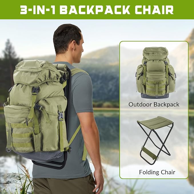 THKFISH Fishing Backpack with Foldable Chair, 35L Tackle Box Backpack with Rod Holders Fishing Storage Bag Portable Stool for Outdoor Fishings, Camping, and Hunting