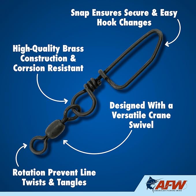 AFW Brass Coastlock Snap Swivels – Durable Fishing Gear with High-Strength Wire Snaps, Black Oxide Finish, Prevents Line Twisting & Kinking, Supports Up to 350 lb Test.