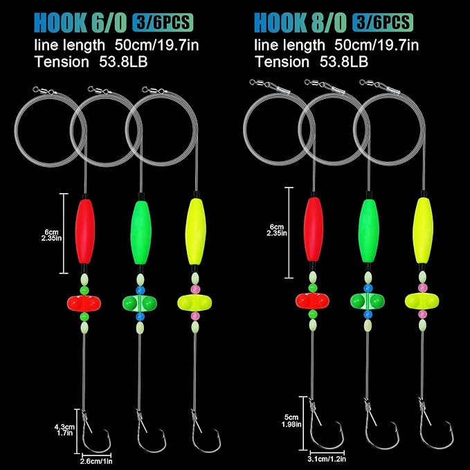 Catfish Rigs with 2oz Pyramid Sinker，High Carbon Circle Hooks 6/0 8/0，3/6pcs Catfish Float Rigswith Adjustable Bottom-lowering Device,Take Down Rigs for Catfish,Complete & Ready-to-Use Kit