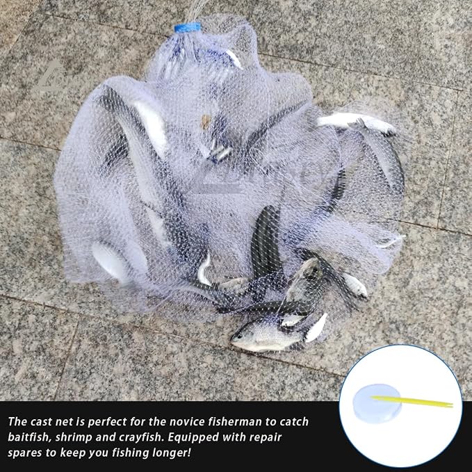 Drasry Saltwater American Fishing Cast Net 3/8inch Mesh Size for Bait Shrimp Trap Fish Heavy Duty Sinkers Throw Net 3FT/4FT/5FT/6FT/7FT/8FT/9FT/10FT Radius