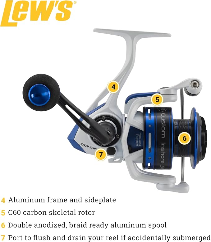 Lew's Custom Inshore Speed Spin Spinning Fishing Reel, 6.2:1 Gear Ratio, Right or Left-Hand Retrieve, Aluminum Frame, 7 Bearing System with Stainless Steel Double Shielded Ball Bearings, White