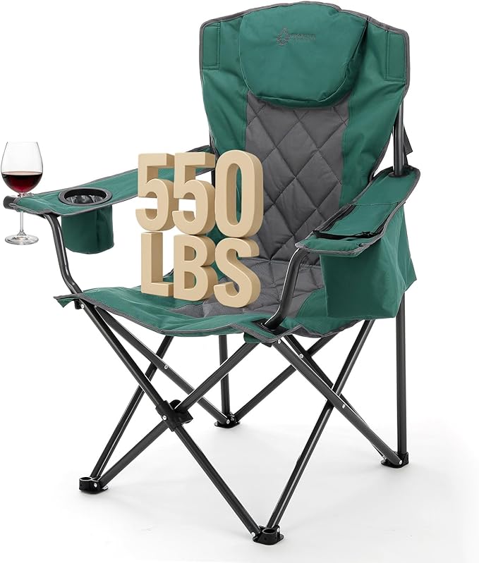 ARROWHEAD OUTDOOR Portable Deluxe Folding Camp Quad Chair w/Headrest, Glass & Cup Holders, Armest 6-can Cooler, Heavy Duty Carry Bag, 550 lbs Weight Capacity