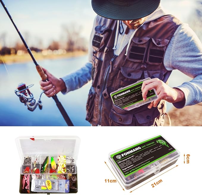 FONMANG 322-Piece Fishing Lures Kit - Buzz Bait/Spinner Baits/Jig/Frog, Fishing Tackle Box with Tackle Included, Soft Bait/Hooks/Weights, Fishing Gear Lure Kit Gift for Men Freshwater Bass Trout