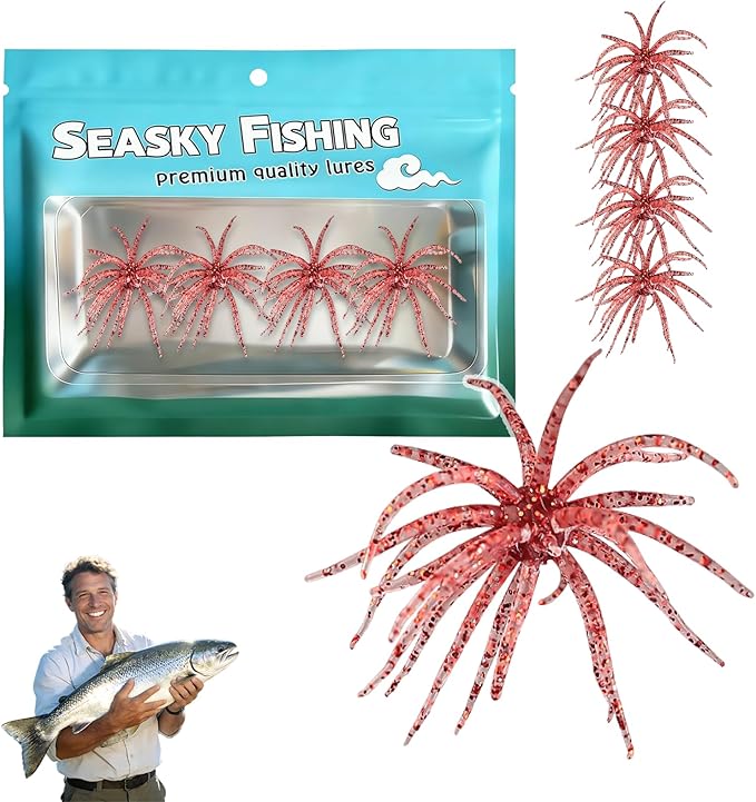 4Pcs Dice Bait, Floating TPR Swimbait with Reflective Stars,Tentacle Creature Lure, Sea Urchin Style Soft Plastic Baits, for Bass Fishing Drop Shot, Wacky Rig/Neko Rig and Finesse, Slow Sinking