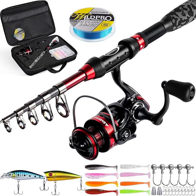 Ghosthorn Fishing Rod and Reel Combo Collapsible Fishing Pole Telescopic Fishing Rod Combo Travel Portable Fishing Set Carbon Fiber with Carrier Bag for Saltwater Freshwater