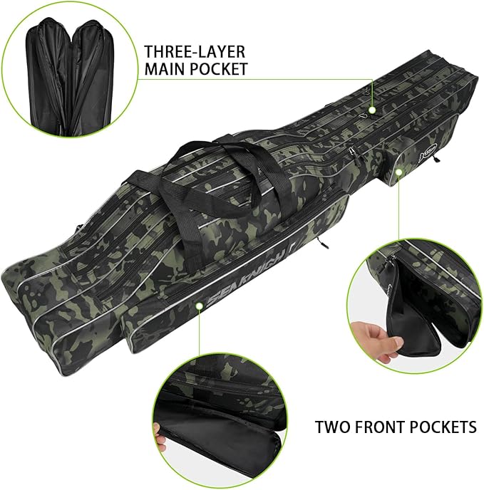 Seaknight Portable Fishing Rod Case - 2 Sizes (53.15in/59.0in) Oxford Fabric Tackle Storage Bag for Travel, Durable Rod Carrier for Freshwater & Saltwater Anglers (Black Camou, 150cm/ 59.0in)
